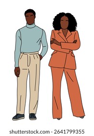 Vector illustration of African American business couple in smart casual clothing, standing together. Colored sketch drawing, isolated on white background. Perfect for diversity and teamwork concepts