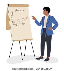 Vector illustration of African American business man in smart casual attire pointing at data on flip chart. Isolated on white, corporate presentation and business education concept