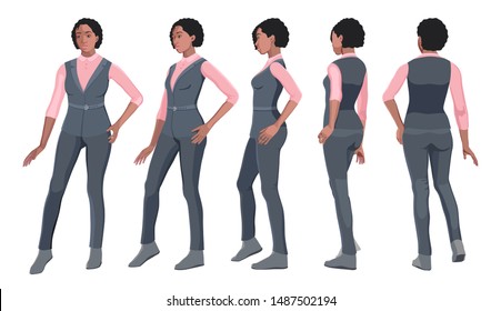 Vector illustration of african american businesswoman standing in different positions isolated on white background. Turning front, profile, three-quarter, back. Female figure