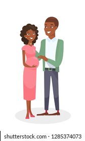 Vector illustration of African American couple. Black people family couple. Man and pregnant pretty woman. Happy young family in flat cartoon style isolated on white background.