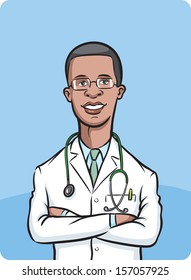 Vector illustration of african american doctor arms crossed. Easy-edit layered vector EPS10 file scalable to any size without quality loss. High resolution raster JPG file is included.
