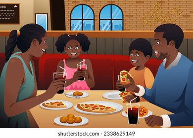 Eine Vektorgrafik der afroamerikanischen Familie, die Pizza im Restaurant isst