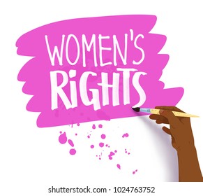 Vector illustration of african american female hand drawing Women's Right lettering with brush on pink banner with paint splashes.