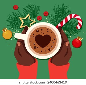 Vector illustration of  African American female hands holding a cup of coffee with Christmas tree, toys and candy cane. Top view of a table in a cafe. Warm time on New Year and Christmas. Hot drink.