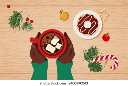 Vector illustration of African American female hands holding a cup of coffee and chocolate donut with Christmas tree, toys and candy cane. Top view of a table in cafe. Warm time on New Year. Hot drink