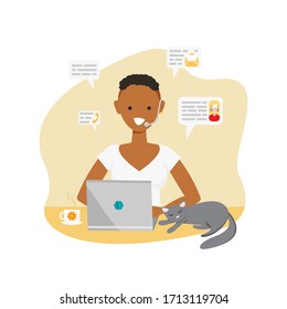 Vector illustration of african american freelancer. Concept of online technical support with handsome girl. Female character with multitasking skill. Cat sleeping on owner workspace. Conference time