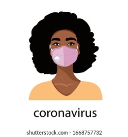 Vector illustration with a African American girl in a mask on a white background. Coronavirus concept