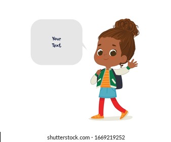 Vector illustration of the African American Girl with the backpack goes to school. Preschool girl walks to school. School girl and speech bubble with place for text isolated on white background