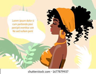 Vector illustration with african american girl. Trendy poster with tropical leaves. Girl silhouette. Summer concept