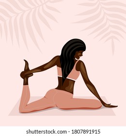 Vector illustration of African American girl doing yoga on pink background. Concept of meditation, sports, healthy lifestyle, yoga poses. Stretching workout in sportswear.