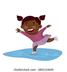 vector illustration of an african american girl ice skating.  little girl is engaged in figure skating.  active winter holidays