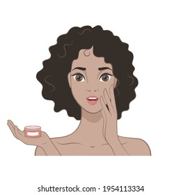 Vector illustration. African American Girl puts a finger to her lips. Skin care. Cream