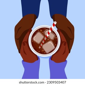 Vector illustration of African American girl and boy holding a glass of dark brown soda in their hands. Top view of a table in a restaurant. Sweet time spent on a date. Cold refreshing drink with love