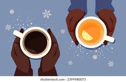 Vector illustration of African American girl and guy hands holding a cup of citrus tea and black coffee. Top view of a table in a cafe with snow decor. Warm autumn time on a date. Hot tea with love.