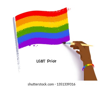 Vector illustration of african american hand drawing rainbow LGBT flag with paintbrush isolated on white background.