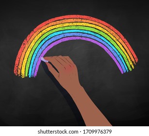 Vector illustration of african american hand drawing rainbow arc with chalk isolated on blackboard background.