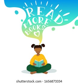 Vector illustration of african american lettle girl sitting and reading book, dreaming. Motivational literature fan. Colorful gradient concept illustration. Read more books lettering.