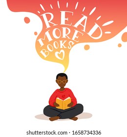 Vector illustration of african american little boy sitting and reading book, dreaming. Motivational literature fan. Colorful gradient concept illustration. Read more books lettering.