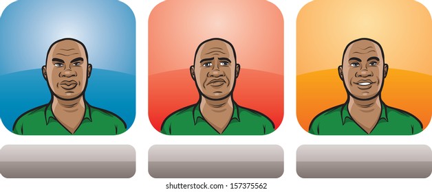 Vector illustration of african american man face three expressions: neutral, sad and happy - head and shoulders composition. Layered vector EPS10 format file.