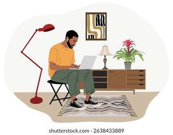 Vector illustration of African American man in streetwear sitting on a stool in a mid century modern living room, working on a laptop. Freelance, remote, or hybrid work from home concept.