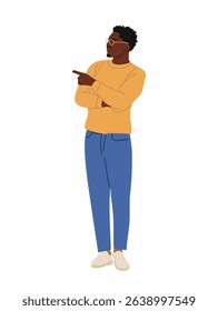 Vector illustration of African American man in smart casual outfit and glasses, standing full length, pointing to the side. Isolated on white background. Modern business or presentation concept