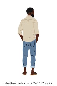 Vector illustration of African American man in casual clothes, viewed from behind. Wearing beige shirt, rolled-up jeans, and sandals. Isolated on white background. Stylish, relaxed look