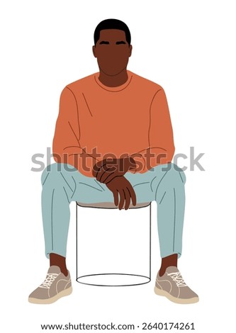 Vector illustration of African American man in casual clothes sitting on a stool. Modern flat style character isolated on white, perfect for lifestyle, diversity, or people-themed designs.
