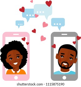 Vector illustration of african american romantic people in love in flat style. Lovers chatting over internet.