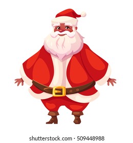 Vector illustration of african american Santa Claus in three-quarter pose. Flat cartoon style, colorful Christmas character design. Isolated funny man.