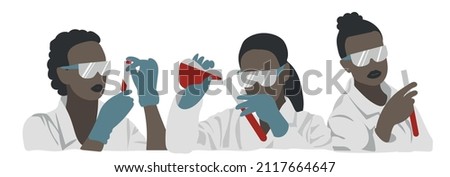 Vector illustration of African American scientists in the laboratory with flasks, holding flasks with liquid, chemist, black people.