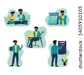 Vector Illustration of African American teacher, uncle or business man do presentation, teach in class, help homework with a boy, writing on blackboard, show graphic chart, lecturer with laptop tablet