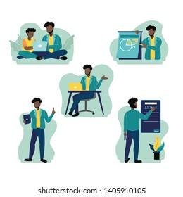 Vector Illustration of African American teacher, uncle or business man do presentation, teach in class, help homework with a boy, writing on blackboard, show graphic chart, lecturer with laptop tablet