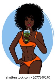 Vector illustration of African American type woman with curly hair in bikini. Beautiful girl on the beach drinking a cocktail.