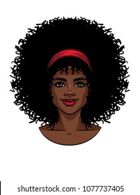 Vector illustration of African American type woman's face with curly hair. Beautiful girl portrait with smile
