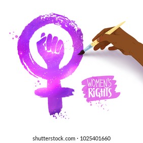 Vector illustration of african american woman hand drawing Feminism protest symbol with ultraviolet outer space inside.