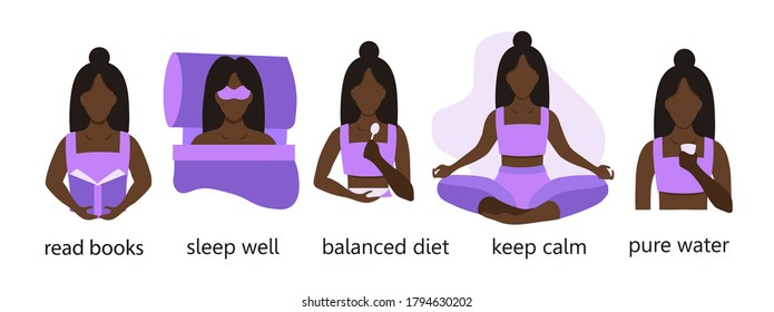 Vector illustration of an African American woman. Healthy lifestyle set. The black girl reads books, eats right, drinks water, sleeps well, meditates and does yoga. Infographics for presentations