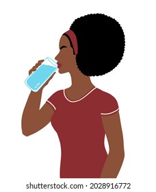 Vector Illustration Of African American  Woman Sideview Figure Drinking Water With Glass