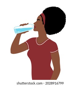 Vector Illustration Of African American  Woman Sideview Figure Drinking Water With Bottle