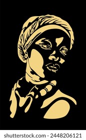 Vector illustration of an African American woman wearing a headscarf. Silhouette in the backlight. Handmade without artificial intelligence