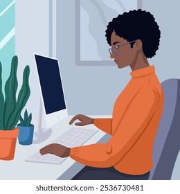 Ilustração vetorial mulher afro-americana estudando em computador em estilo plano moderno. Trabalho à distância de freelancer em casa. Mulher negra programadora trabalhando à distância