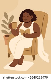 Vector illustration of African American woman relaxing in armchair with book and cup of tea. Body positivity. Cozy self-care scene, flat vector, calm, relaxation. For women's health projects