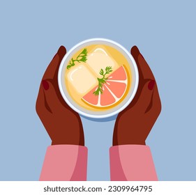 Vector illustration of an African American woman's hands holding a cocktail with ice and a slice of grapefruit. Top view of the table in the bar. Evening refreshing alcoholic drink.