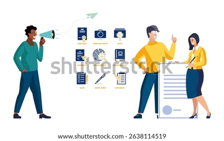 Vector illustration. African American worker with loudspeaker and secretary woman with document financial market analysis, business, people icons, sign, infographics, investment. Blue banner design