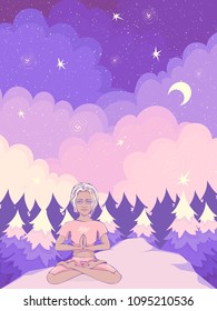 Vector illustration of the african american yoga girl meditating on the mountain in the violet forest.