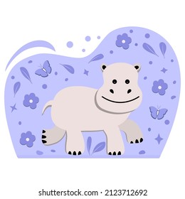 Vector illustration African animal hippopotamus. Smiling Hippo. Wildlife Africa Nature Safari Zoo Behemoth River horse Childish drawing