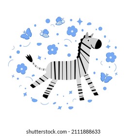 Vector illustration African animal Smiling zebra. Wildlife Africa Asia Nature Safari Zoo Savanna Childish drawing