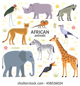 Ilustração vetorial de animais e aves africanos: elefante, rinoceronte, girafa, chita, zebra, hiena, pássaro secretário, marabou e lagarto com babado, isolado sobre fundo transparente.