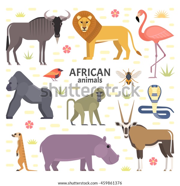 アフリカの動物と鳥のベクターイラスト 透明な背景にカバ ライオン