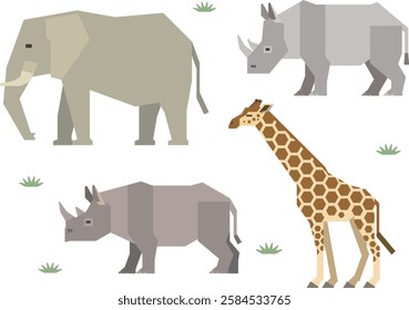 Vector illustration of African animals: elephant, giraffe, rhinoceros.