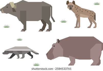 Vector illustration of African animals: hyena, buffalo, hippopotamus, honey badger.